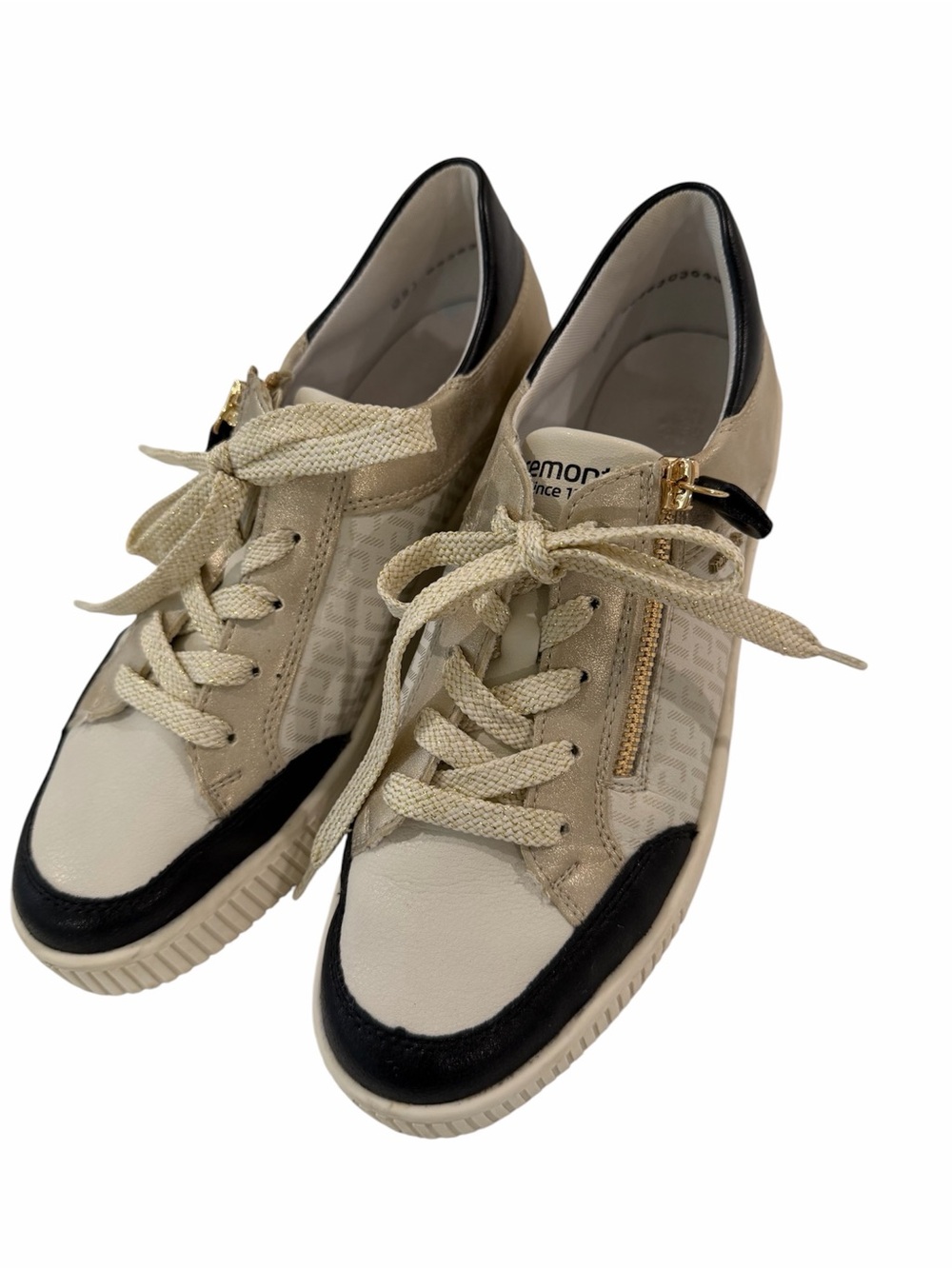 Remonte Cream, Beige Black Low-Top Lace-Up Sneaker Gold Zipper Size 39 size 8
